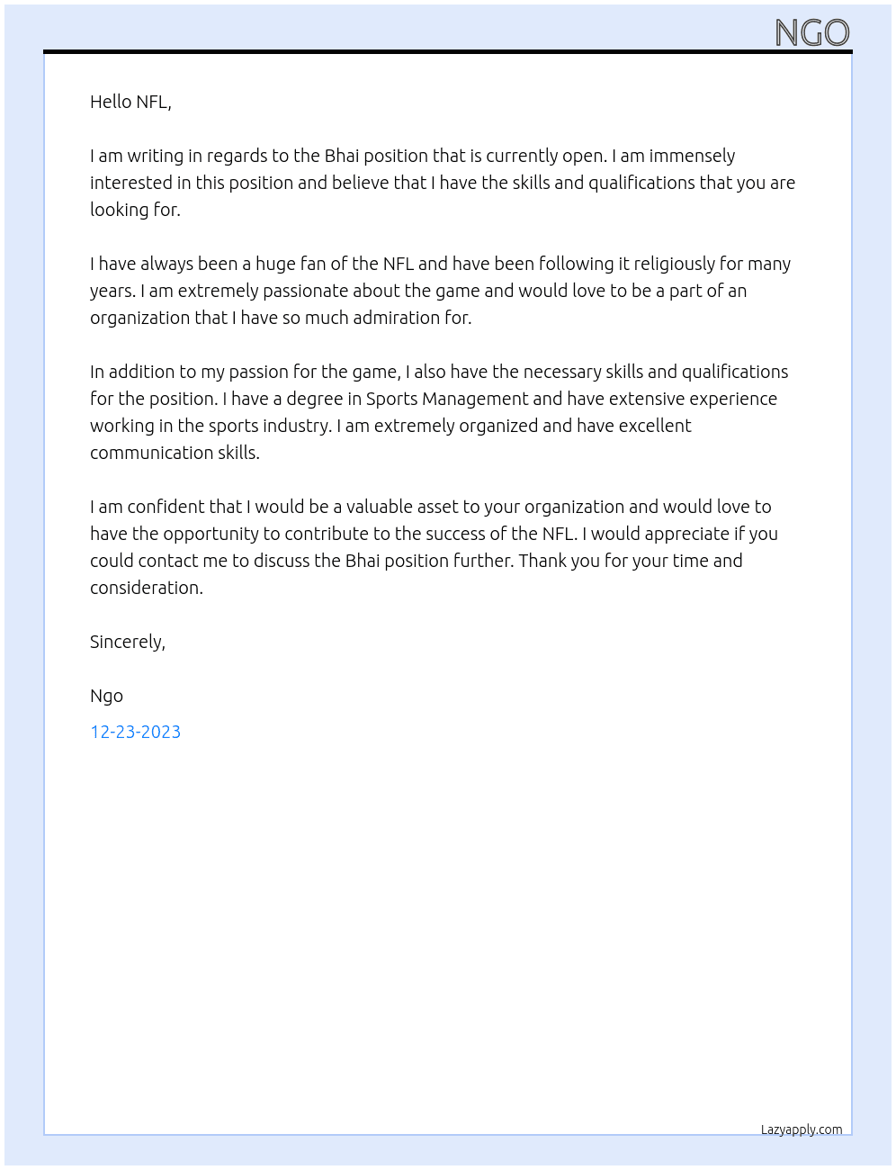 Bhai At NFL Cover Letter