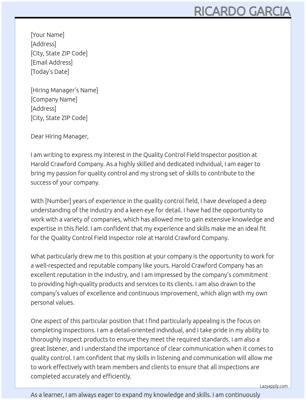Quality control field inspector At Harold Crawford company Cover Letter