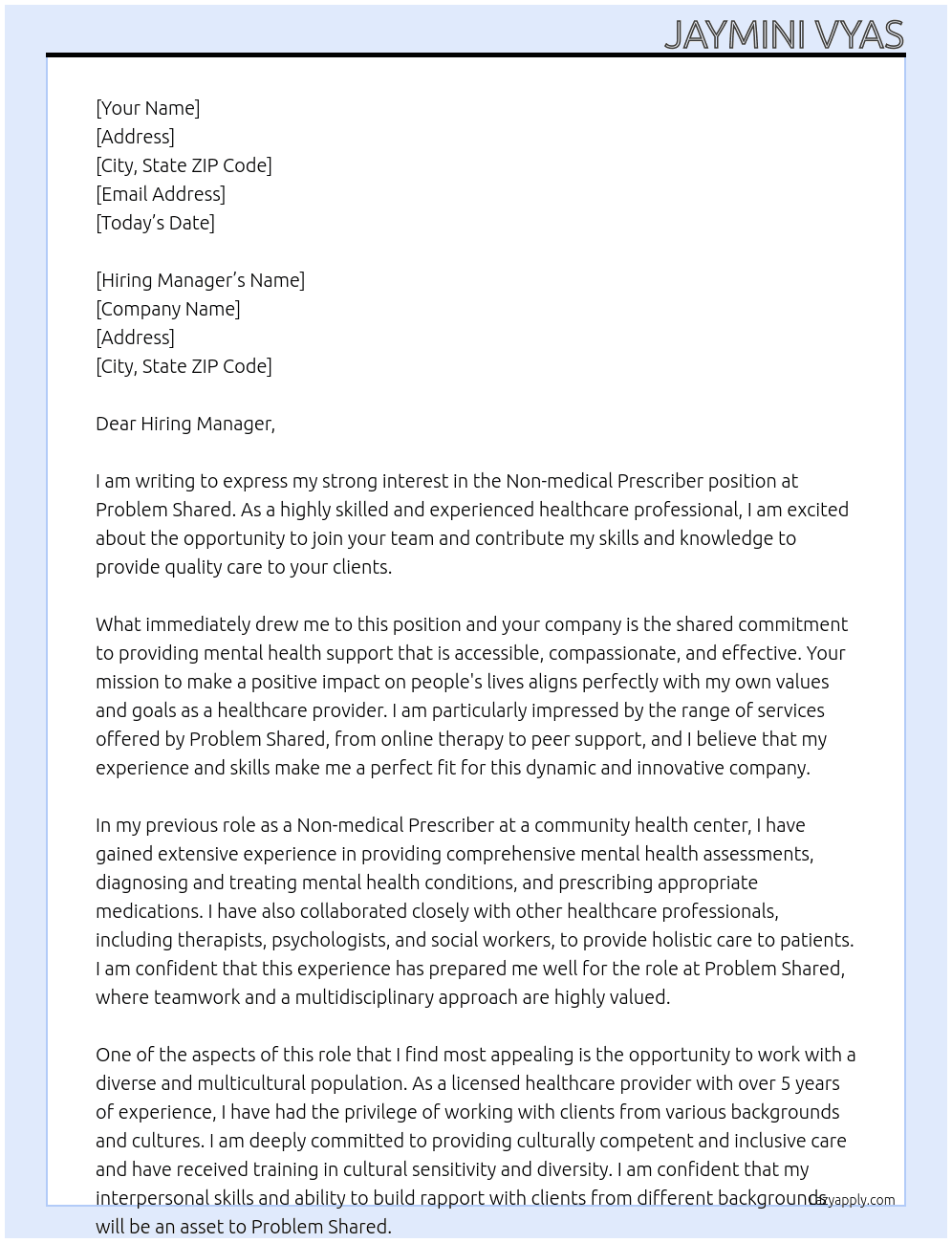 Non-medical Prescriber At Problem Shared Cover Letter