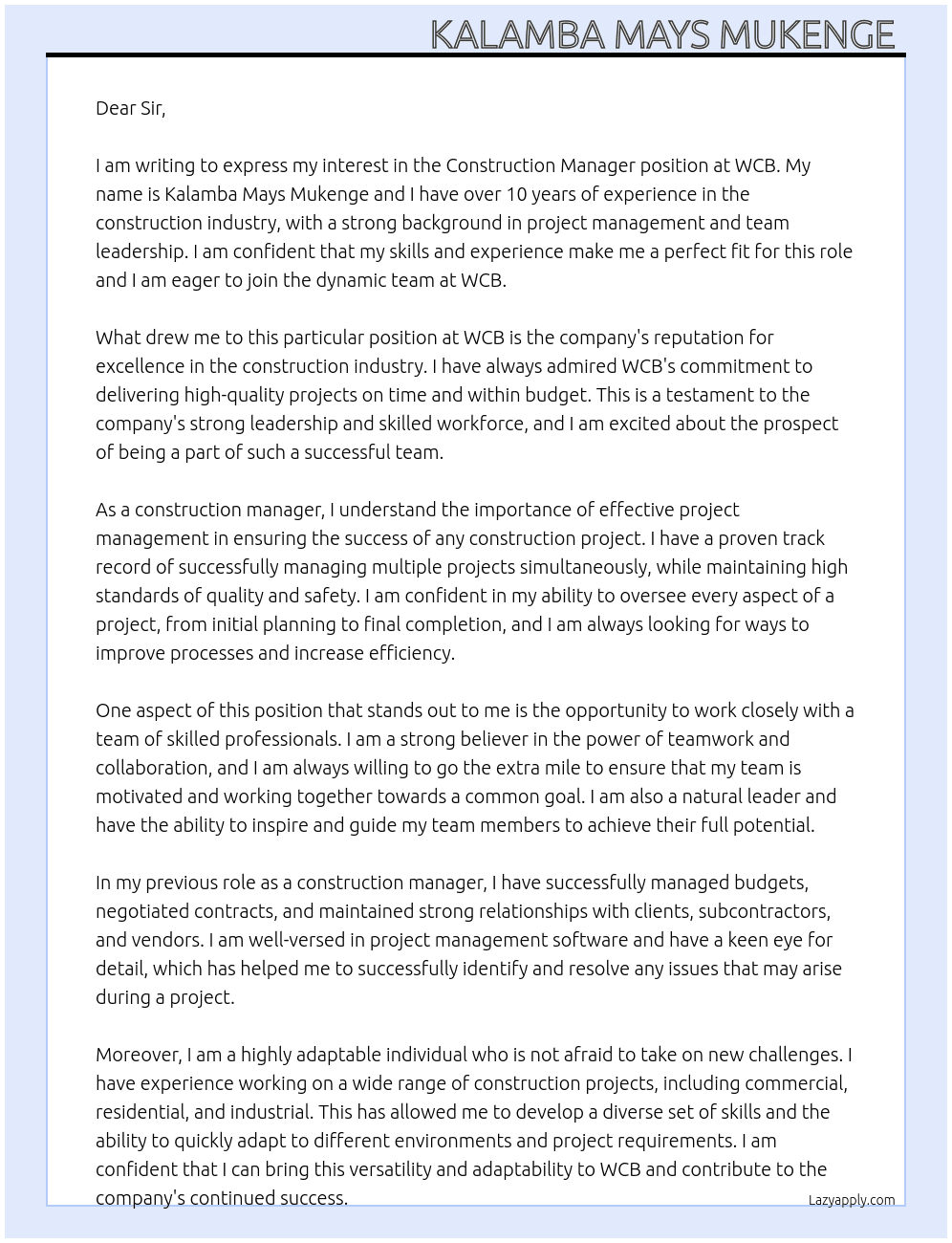 construction manager  At wcb Cover Letter