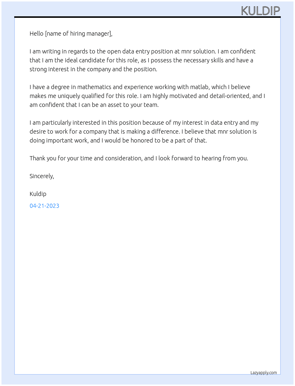 data entry At mnr solution  Cover Letter