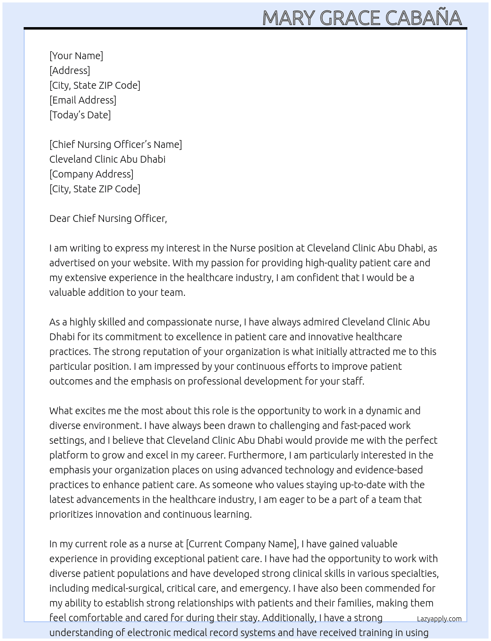 Nurse At Cleveland Clinic Abu Dhabi Cover Letter