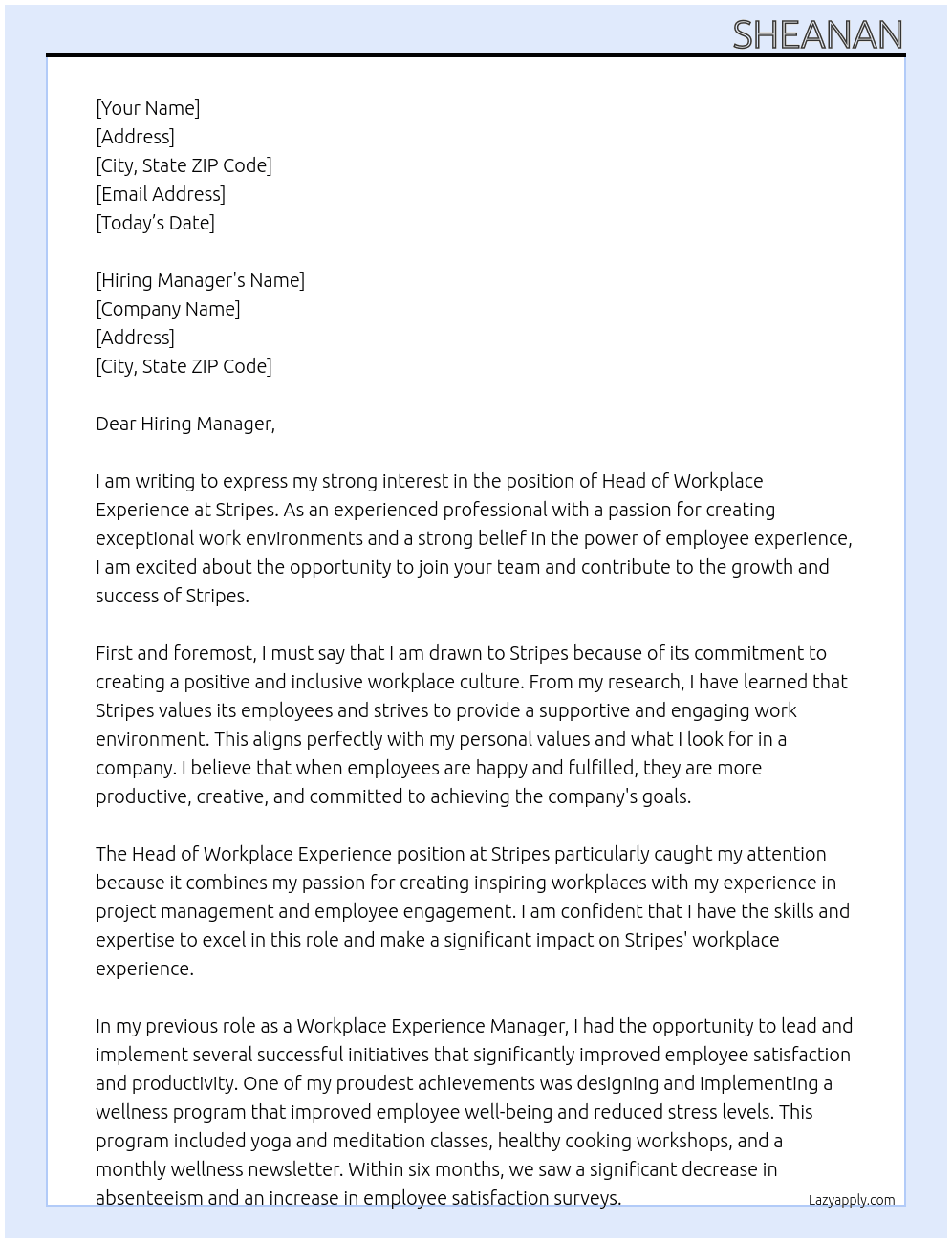 Head of Workplace Experience At Stripes Cover Letter