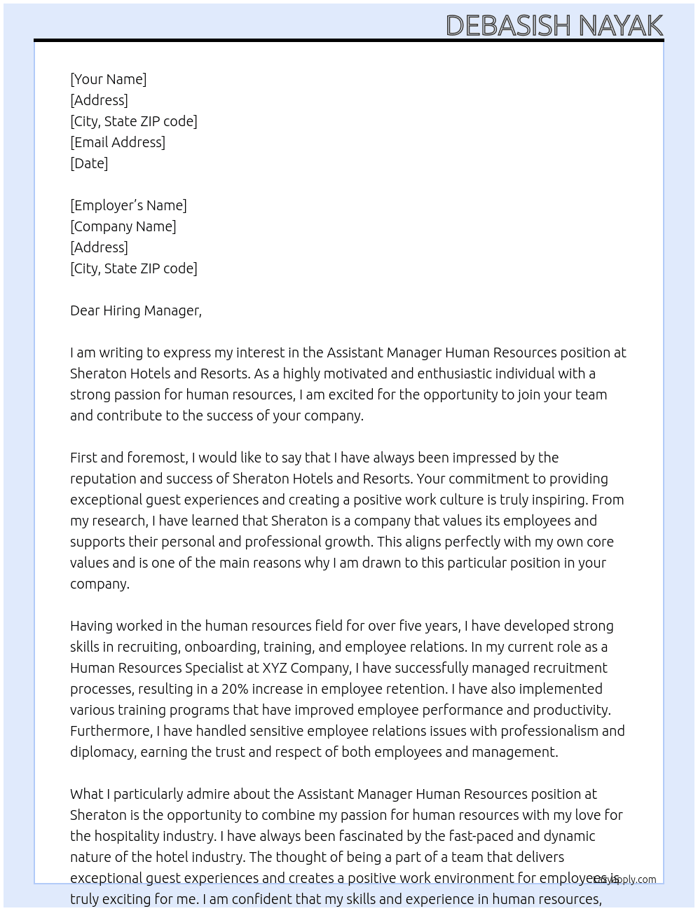 Assistant Manager Human Resources  At Sheraton Hotels and Resorts  Cover Letter
