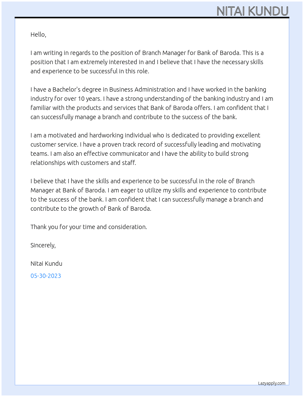 HOME LOAN REPAYMENT At Bank Of baroda Cover Letter