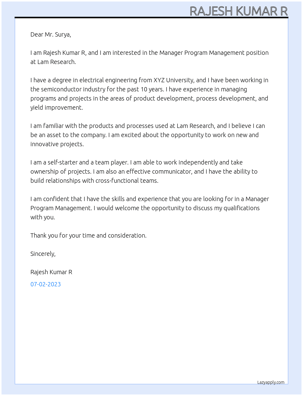 Manager Program Management At Lam Research  Cover Letter