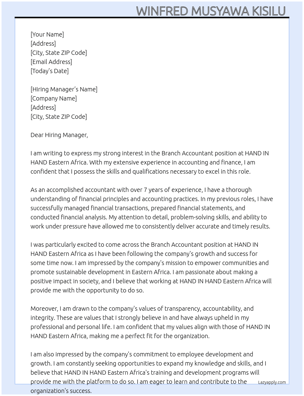 BRANCH ACCOUNTANT At HAND IN HAND Eastern Africa  Cover Letter