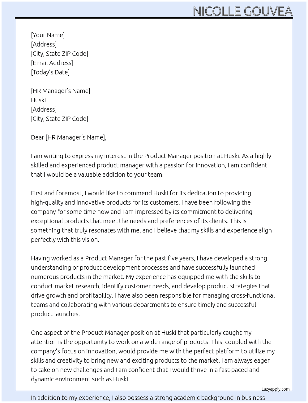Product Manager At Huski Cover Letter