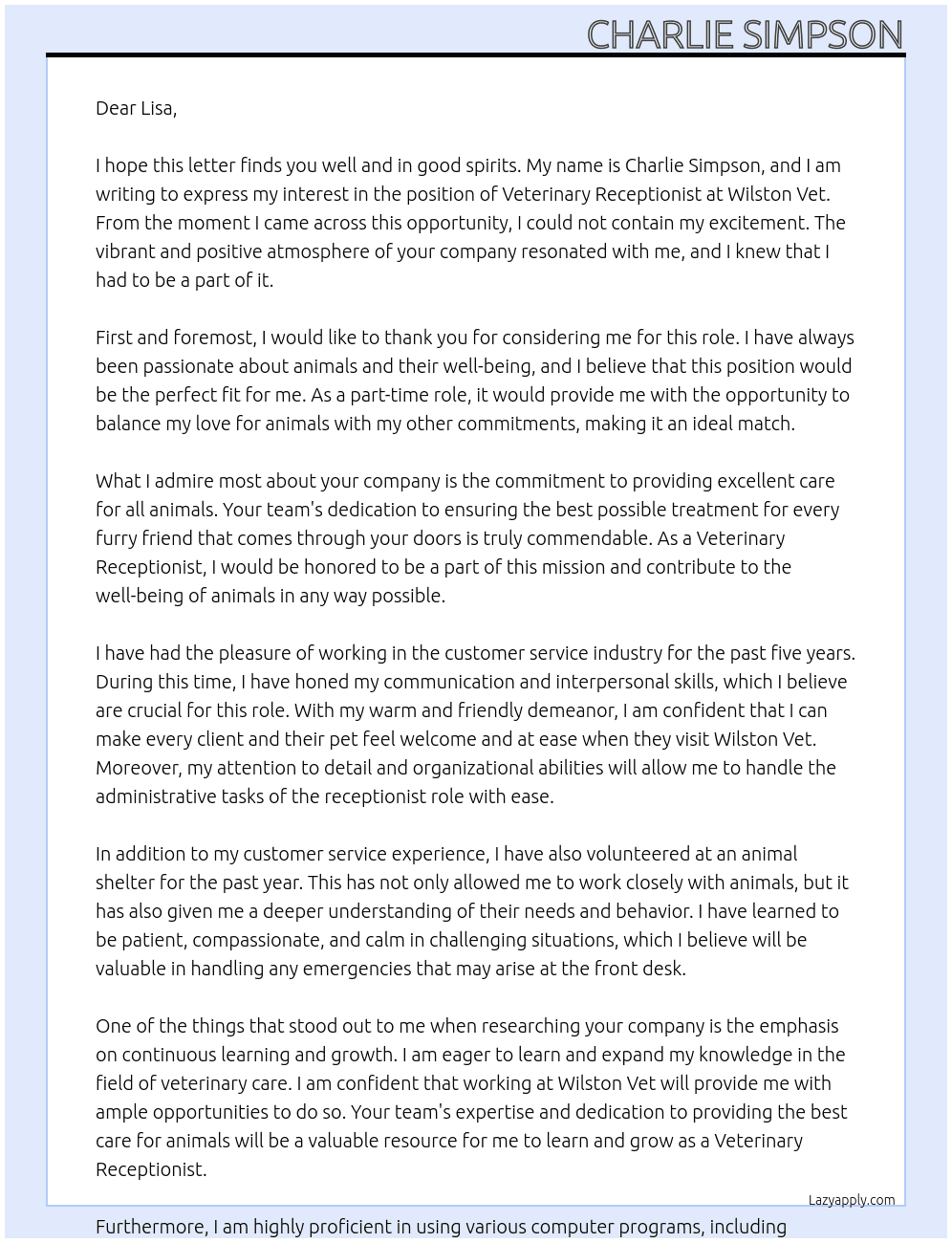 Veterinary Receptionist  At Wilston Vet  Cover Letter
