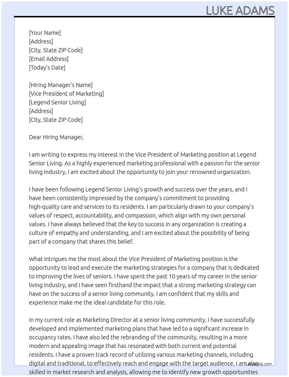 Vice President of Marketing At Legend Senior Living Cover Letter
