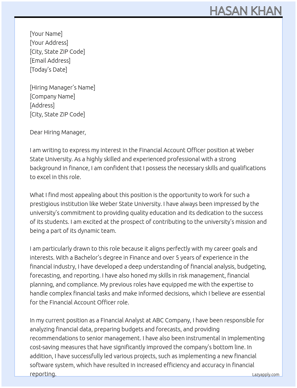 Financial Account Officer At weber state university Cover Letter