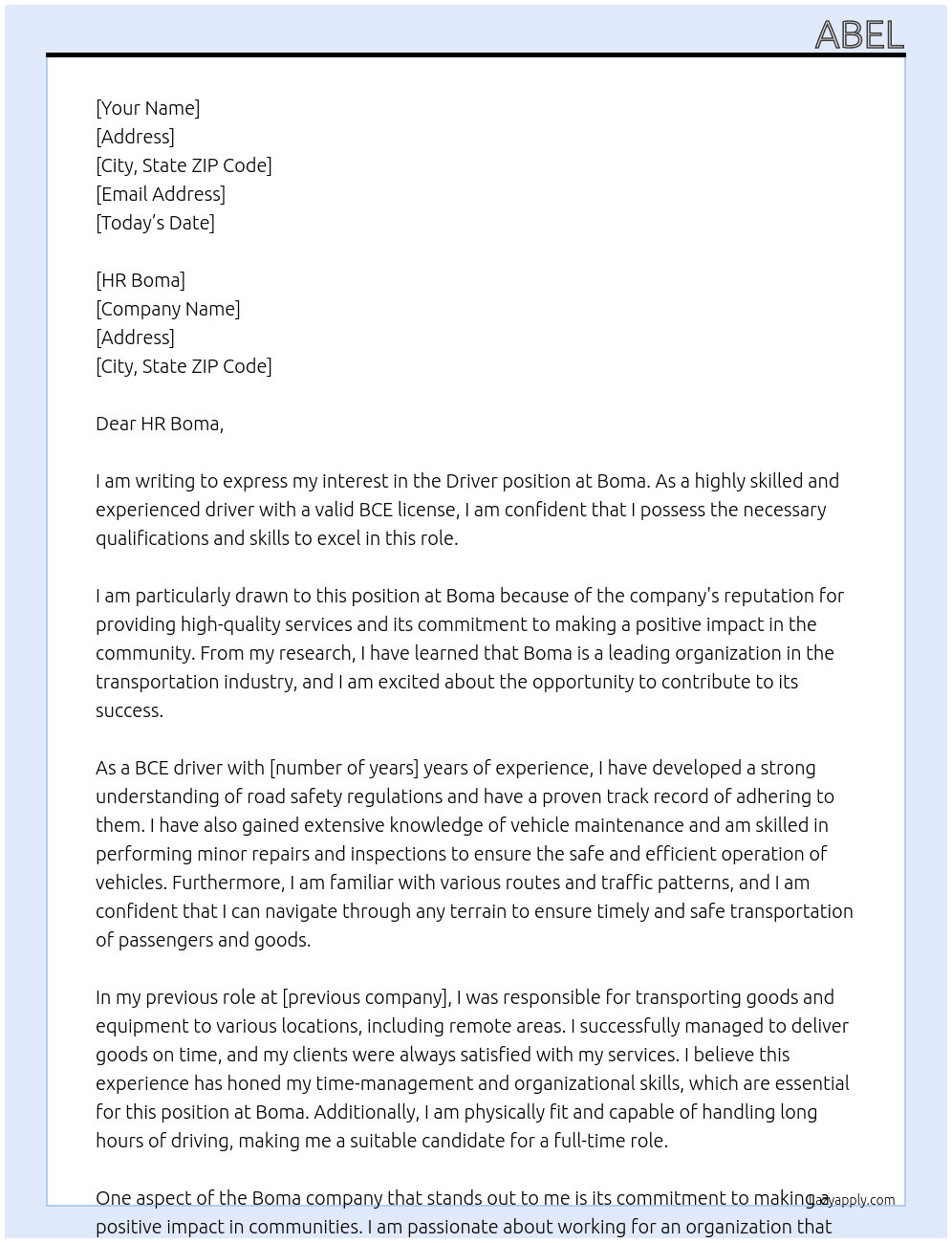 Driver  At Boma Cover Letter