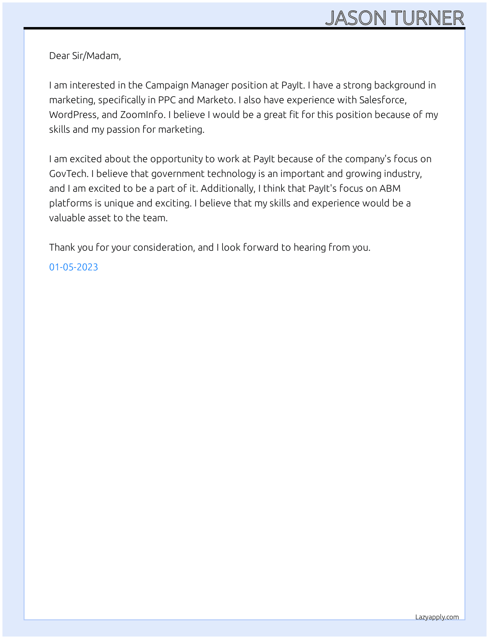 Campaign Manager At PayIt Cover Letter