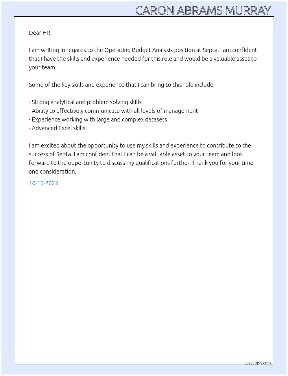 Operating budget analysis  At Septa  Cover Letter