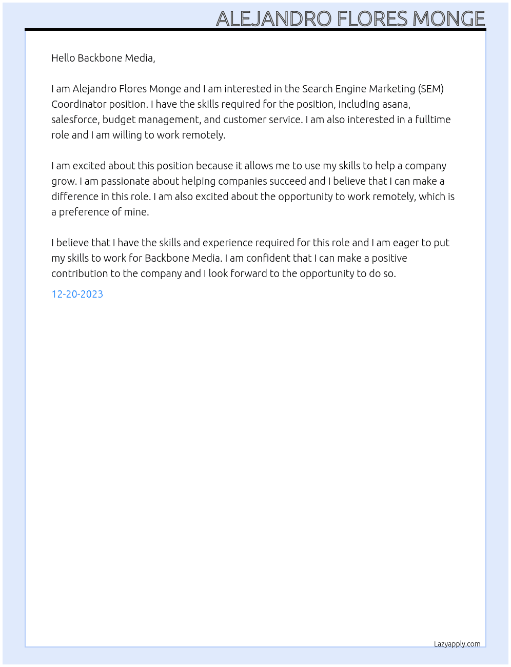 Search Engine Marketing (SEM) Coordinator At Backbone Media Cover Letter