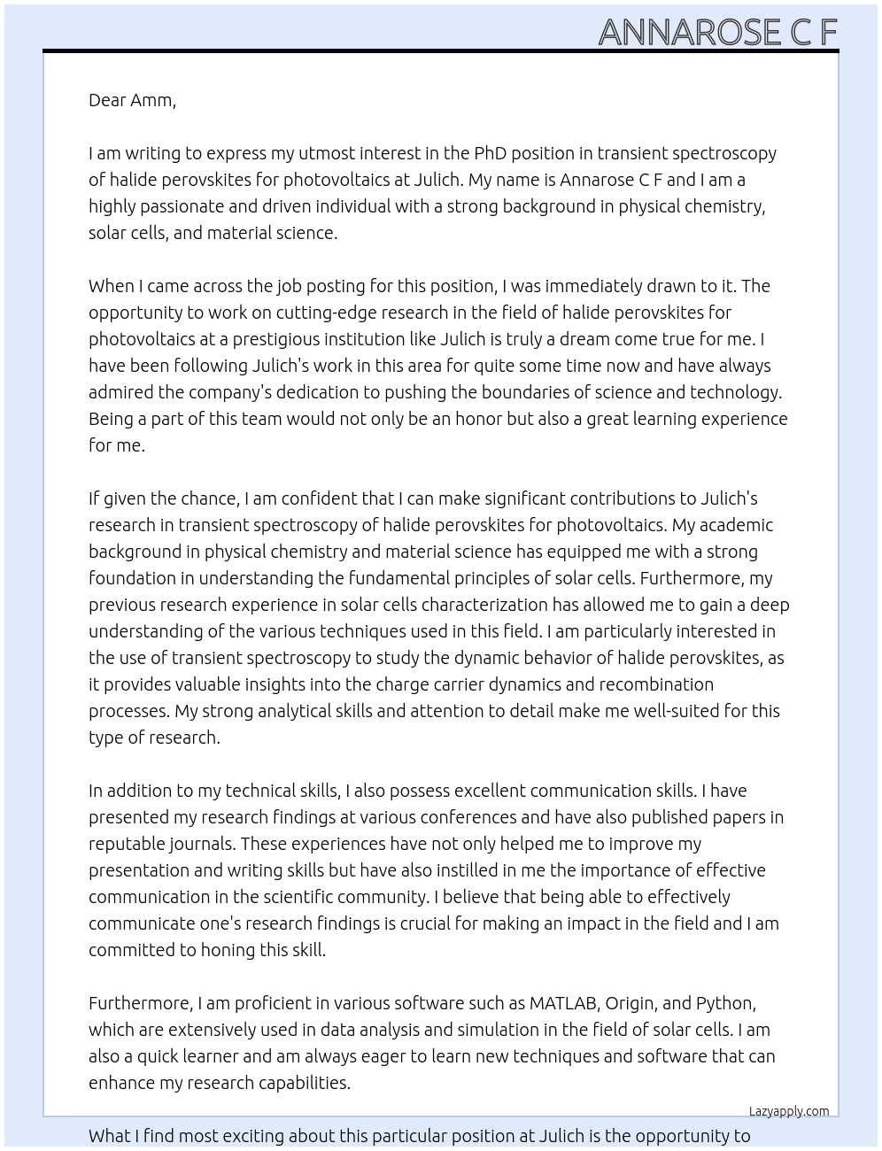 PhD position in transient spectroscopy of halide perovskites for photovoltaics  At Julich  Cover Letter