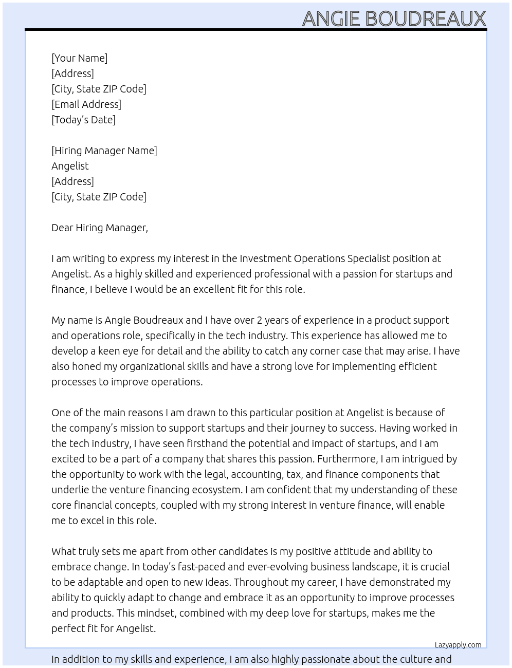 Investment Operations Specialist At Angelist Cover Letter