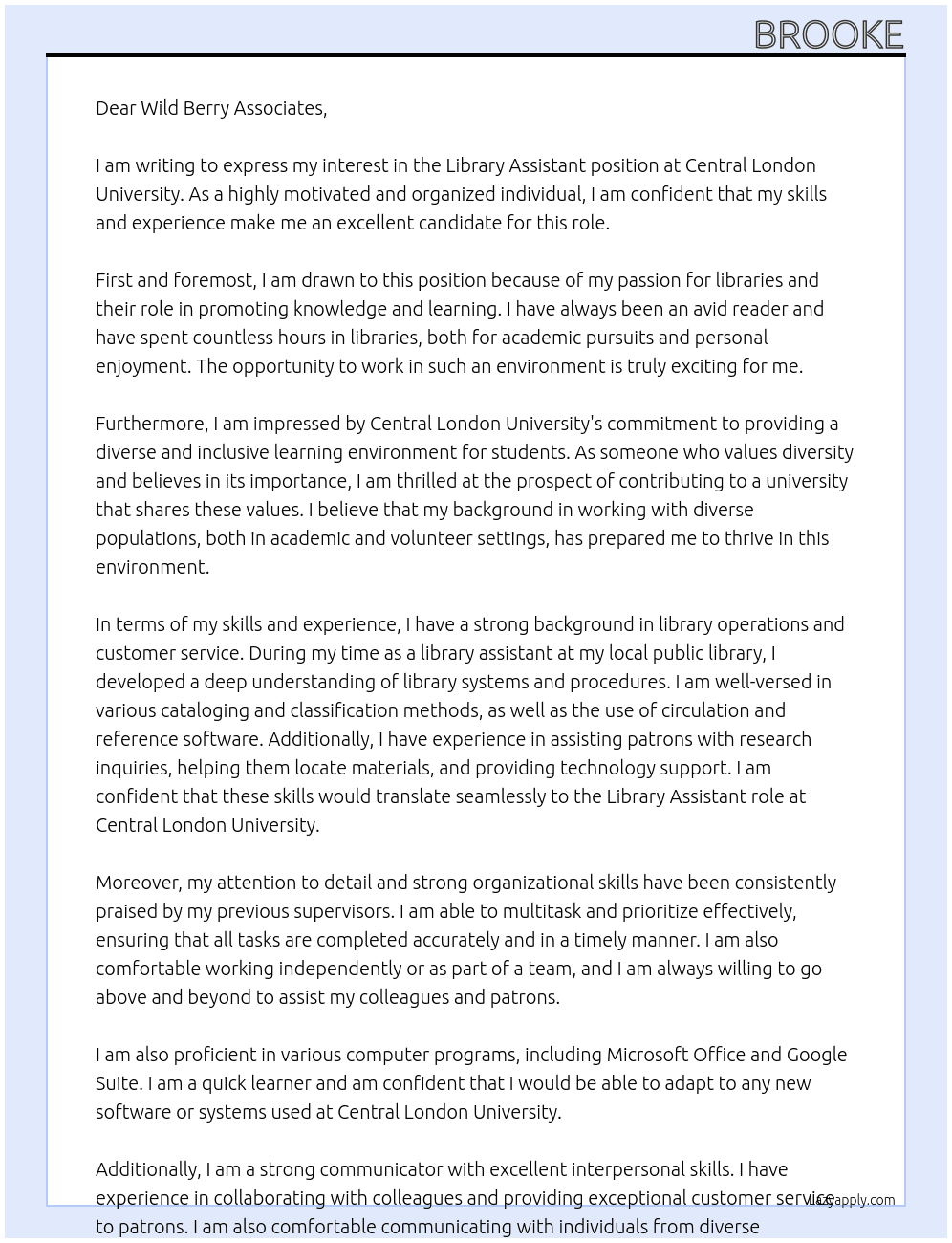 Library Assistant At Central London University Cover Letter