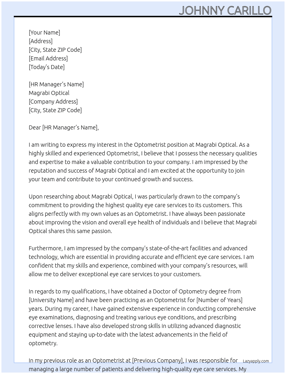 Optometrist  At Magrabi Optical Cover Letter