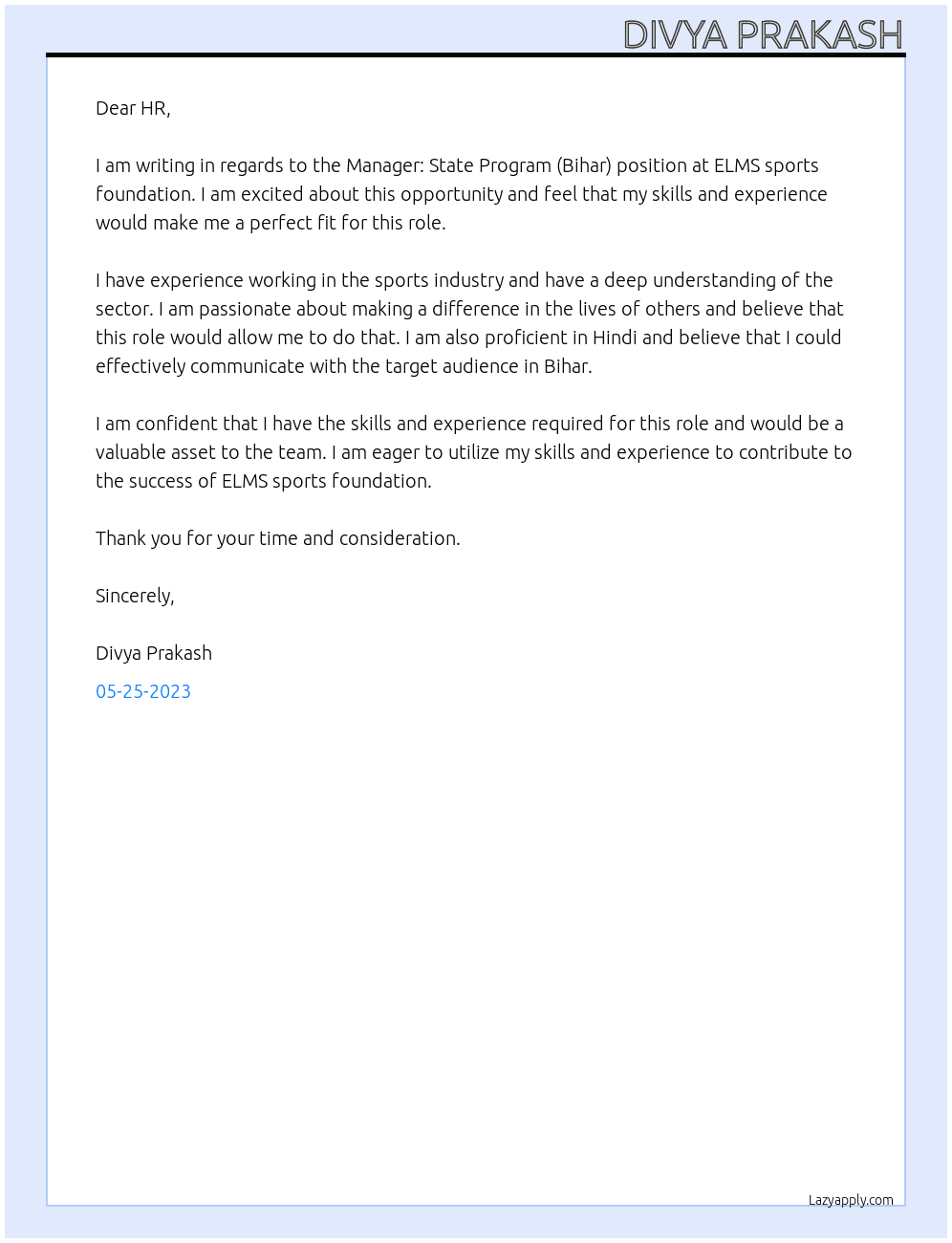 Manager: State Program (Bihar) At ELMS sports foundation  Cover Letter