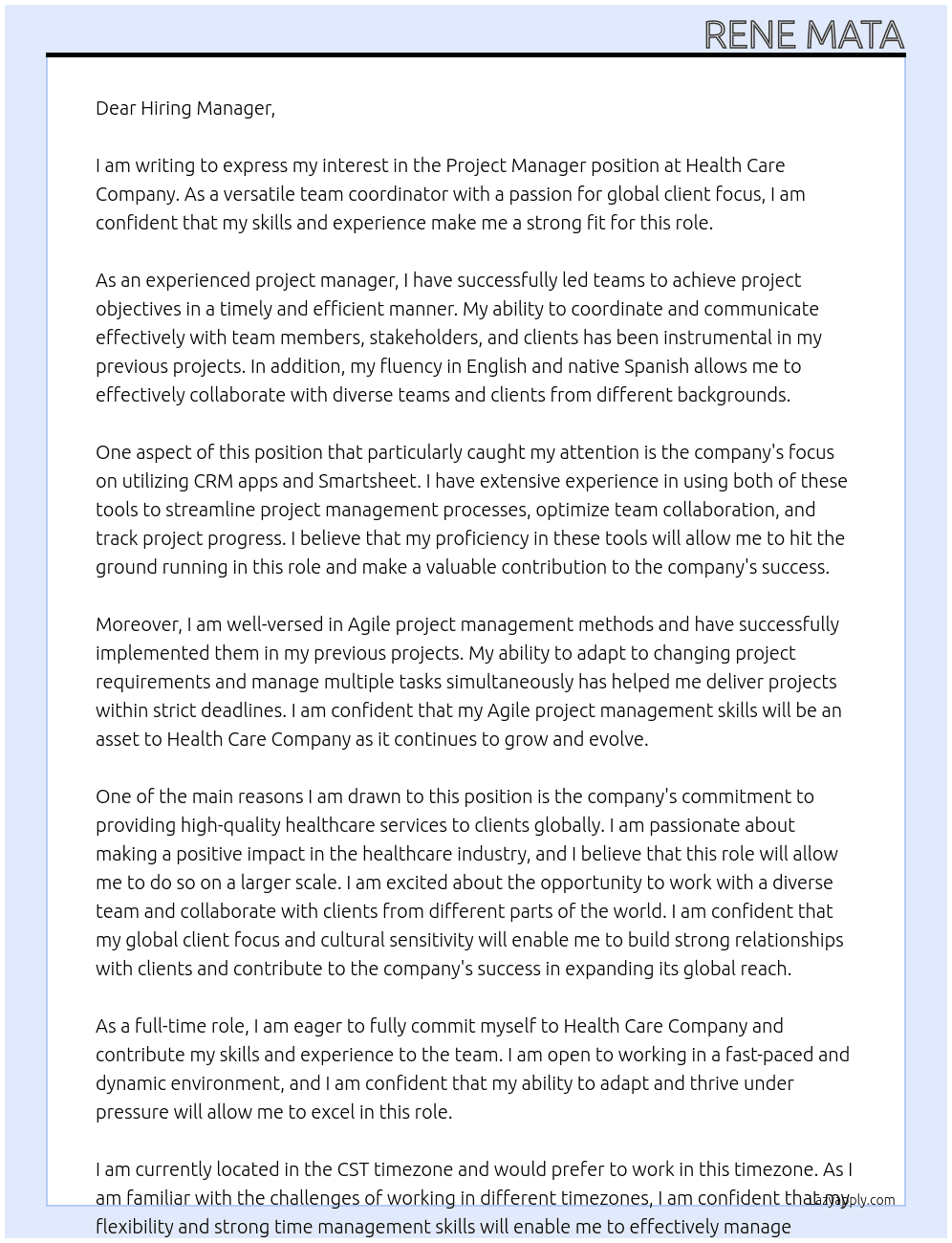 Project Manager  At Health Care Company Cover Letter