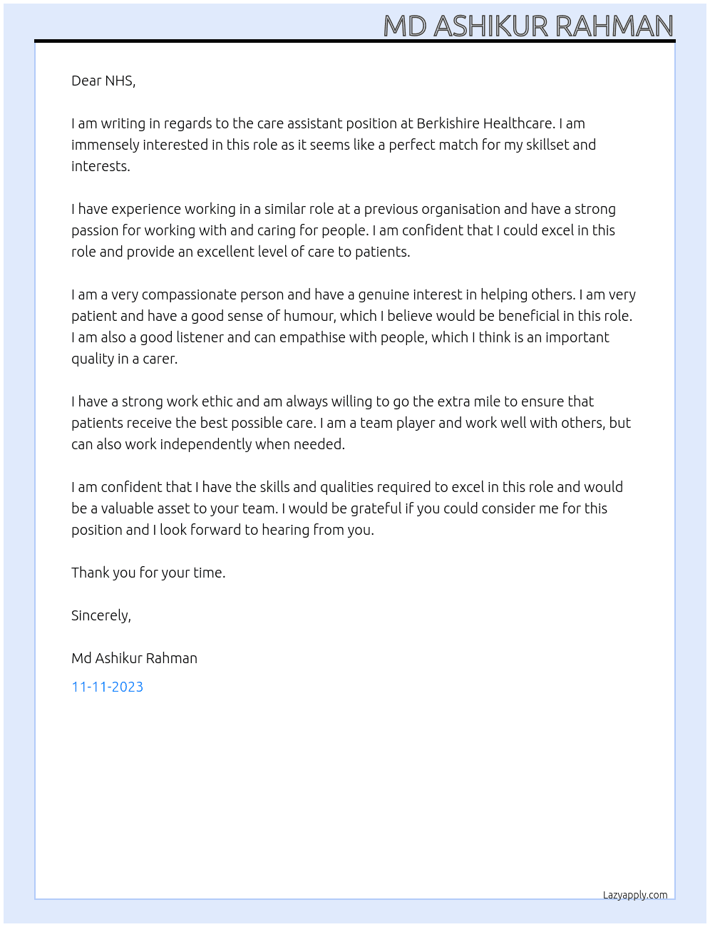 care assistant At Berkishire healthcare Cover Letter