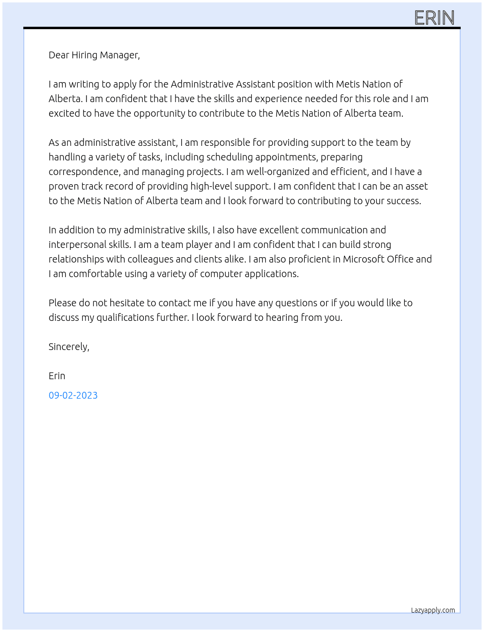 Administrative Assistant At Metis Nation of Alberta Cover Letter