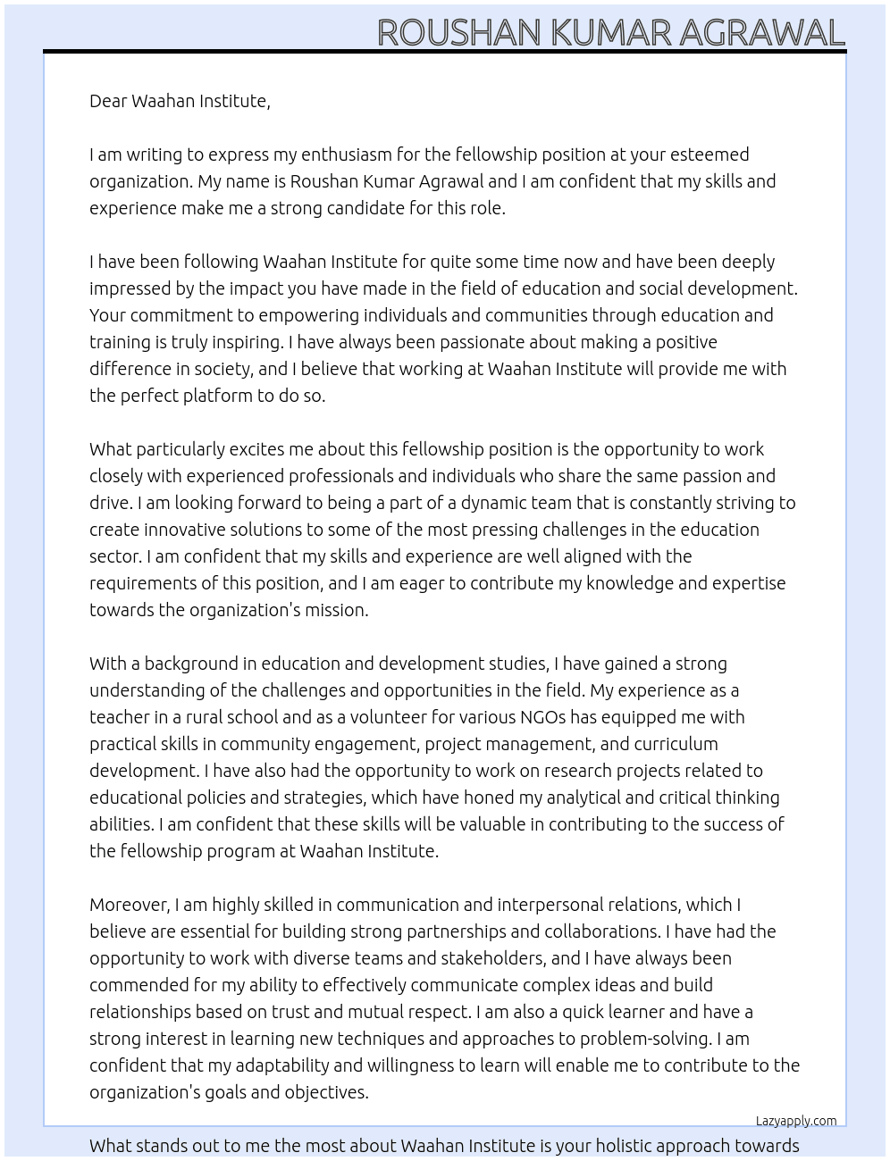 felloship At waahan Cover Letter
