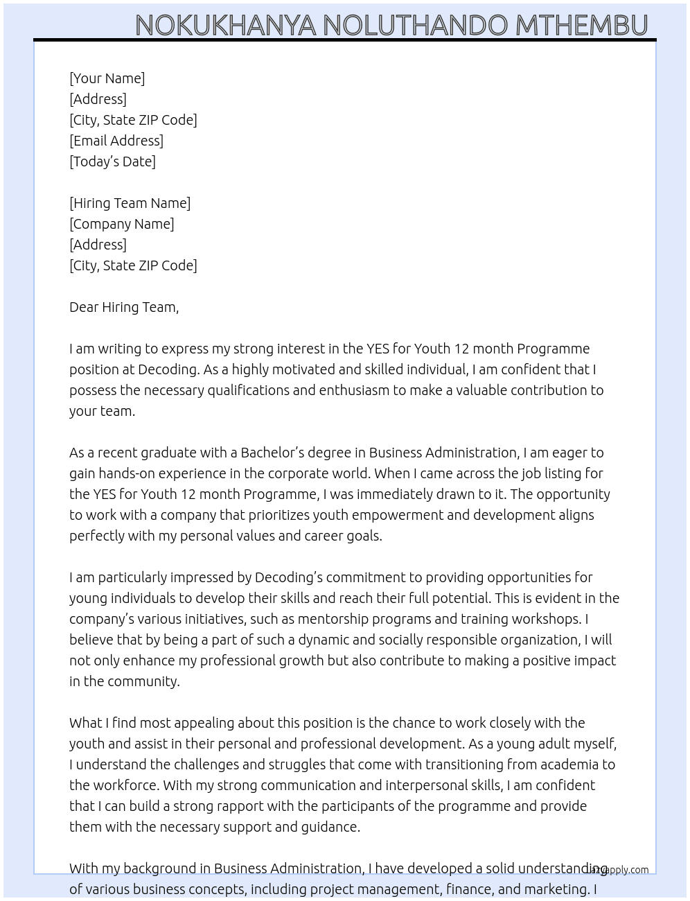 YES for Youth 12 month Programme  At Decoding  Cover Letter