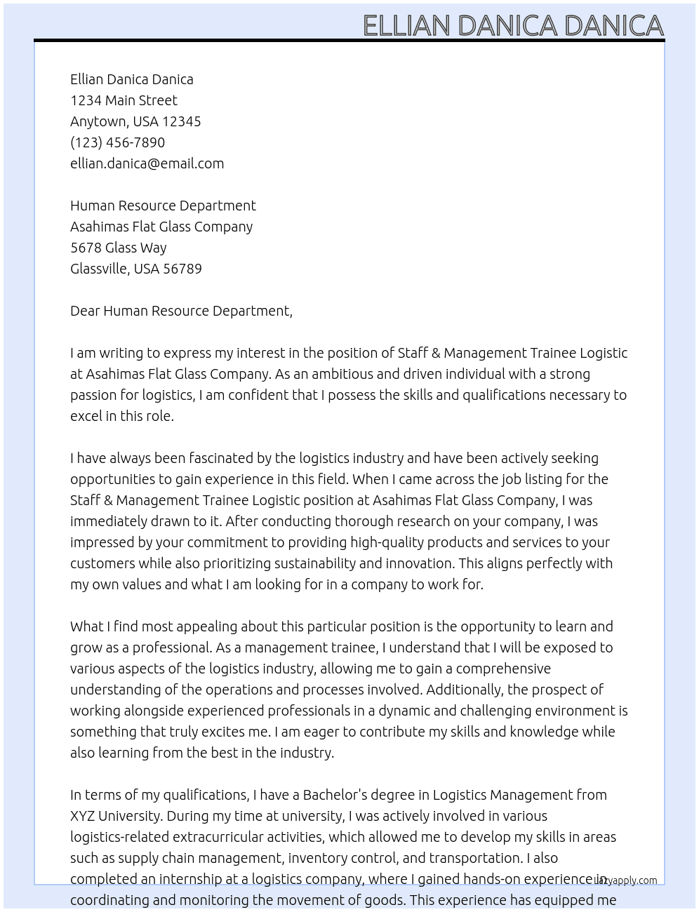 Staff & Management Trainee Logistic At Asahimas Flat Glass Company Cover Letter