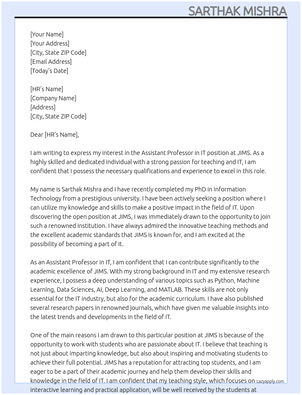 Assistant Professor in IT At JIMS Cover Letter