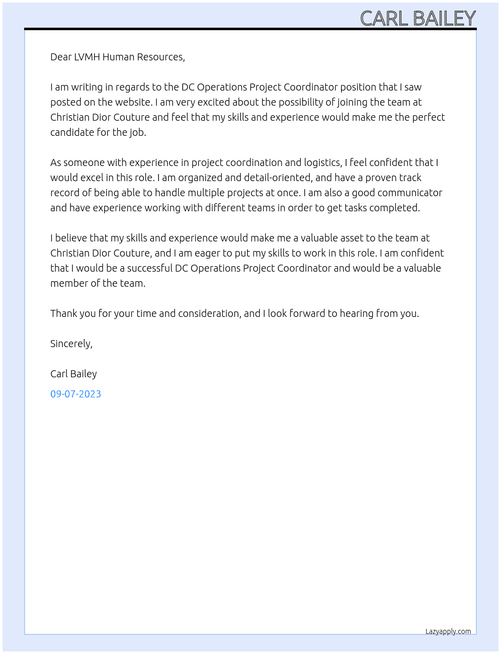 DC Operations Project Coordinator At Christian Dior Couture  Cover Letter