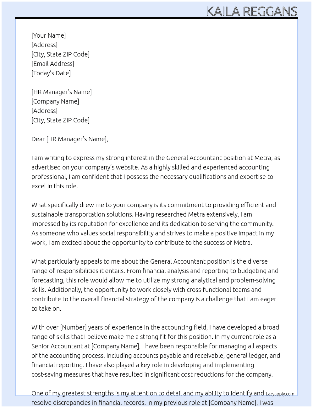 General Accountant At Metra Cover Letter
