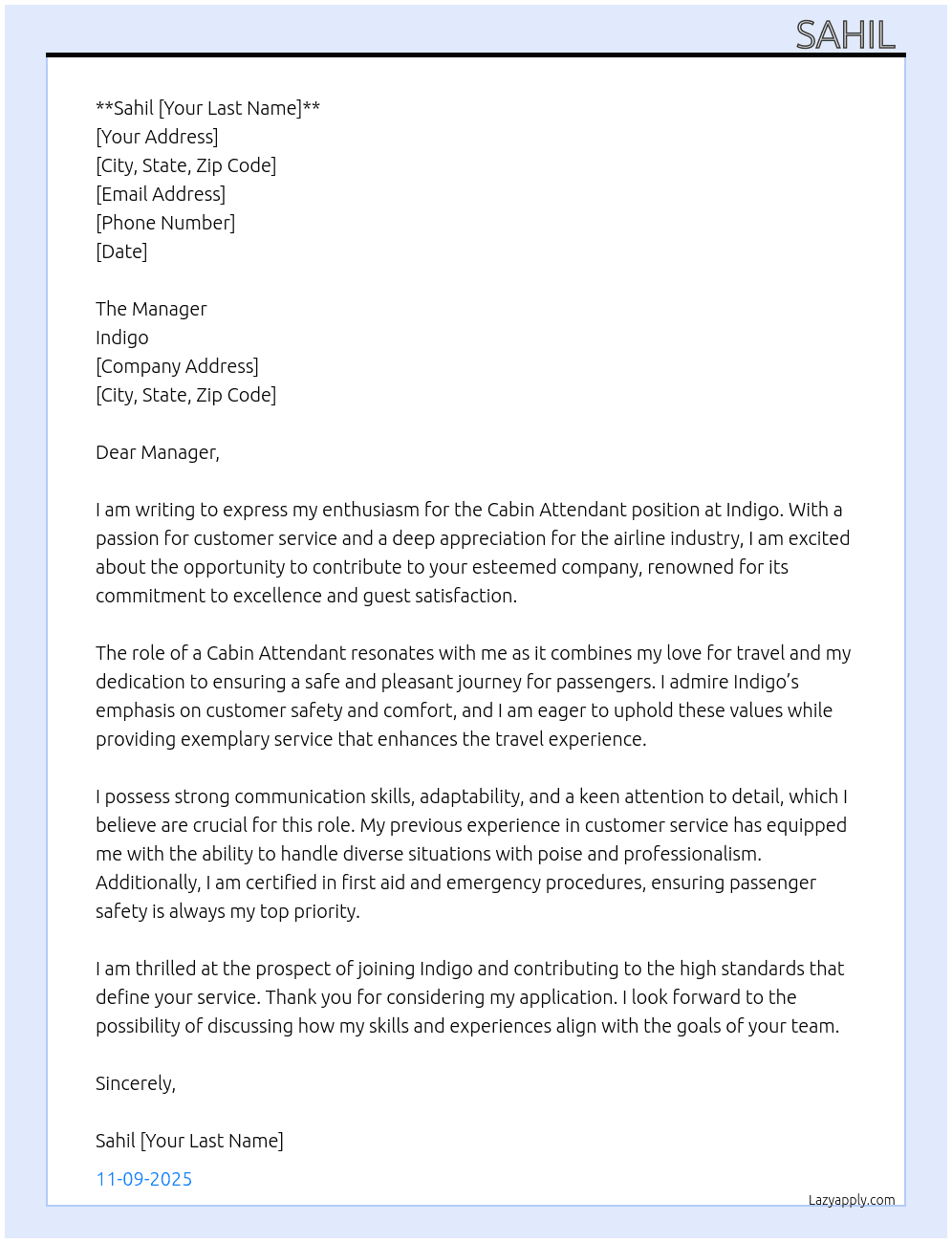 Cabin attendant  At Indigo  Cover Letter