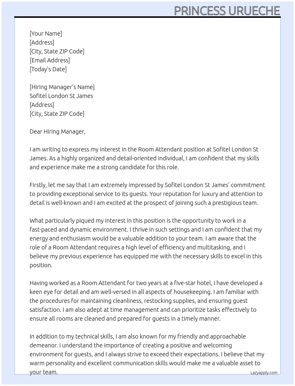 Room Attendant  At Sofitel London St Jame Cover Letter
