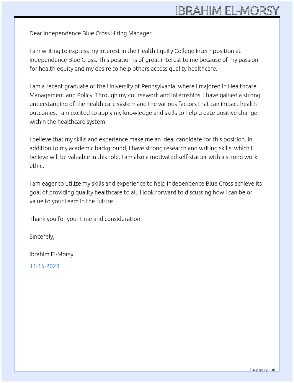 Health Equity College Intern At Independence Blue Cross Careers Cover Letter