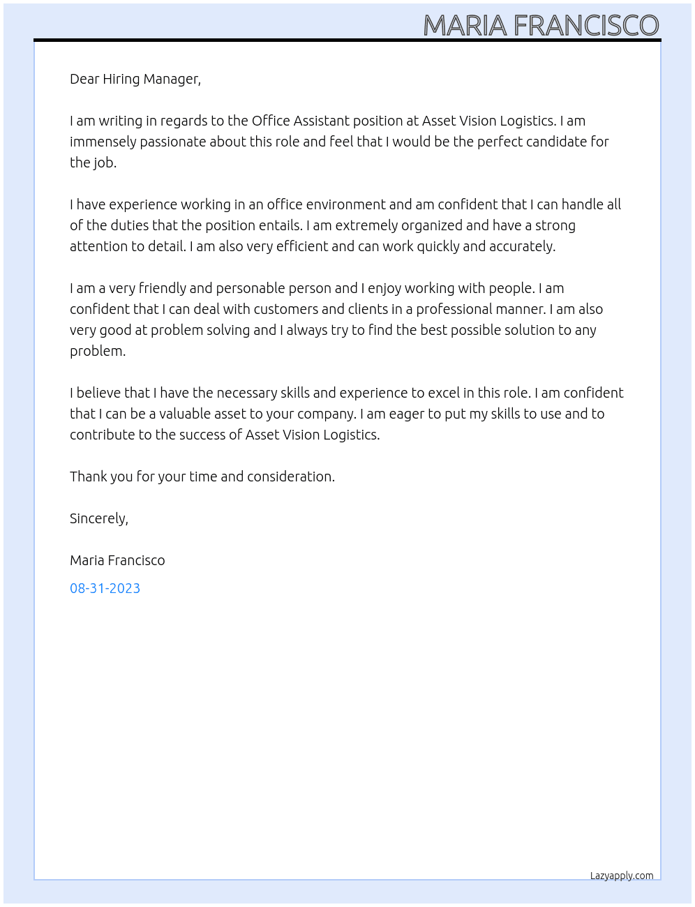 Office Assistant At Asset Vision Logistics Cover Letter