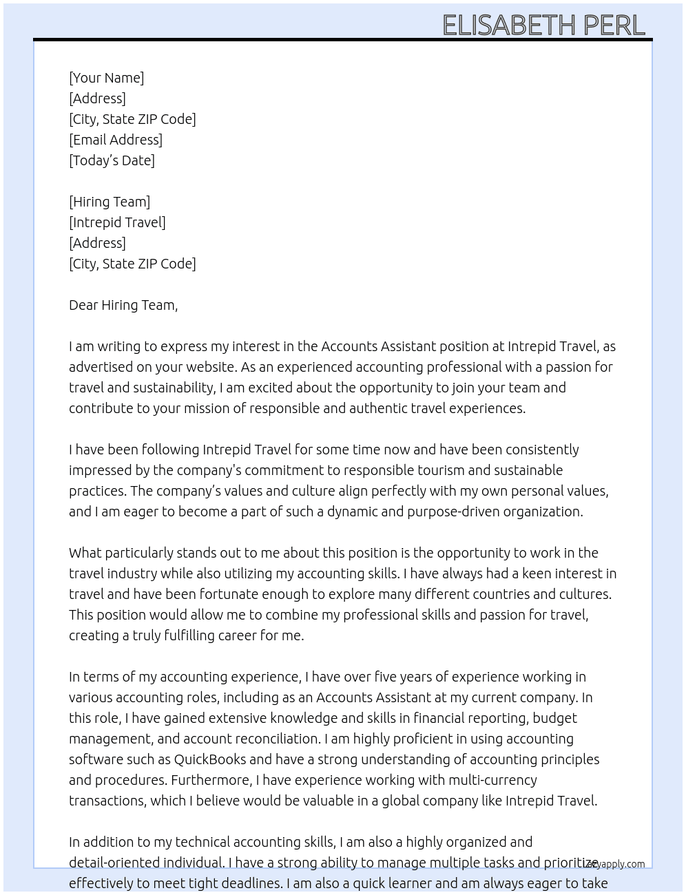 Accounts Assistant  At Intrepid Travel Cover Letter