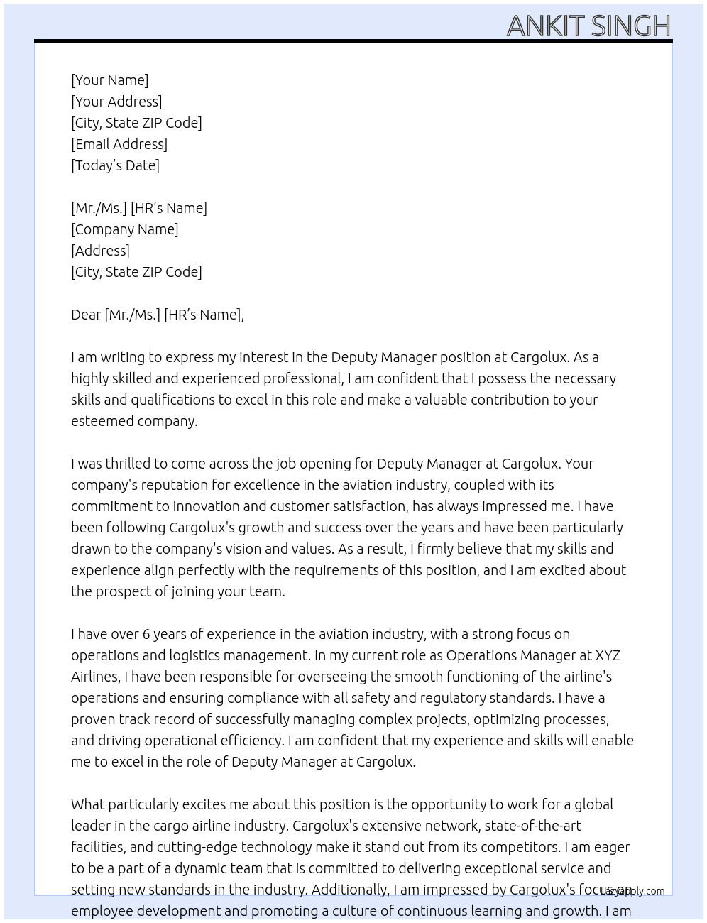 Deputy Manager  At Cargolux Cover Letter