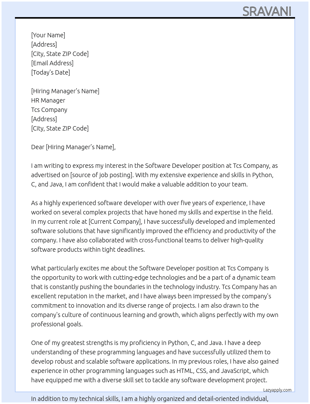 Software developer  At Tcs company  Cover Letter