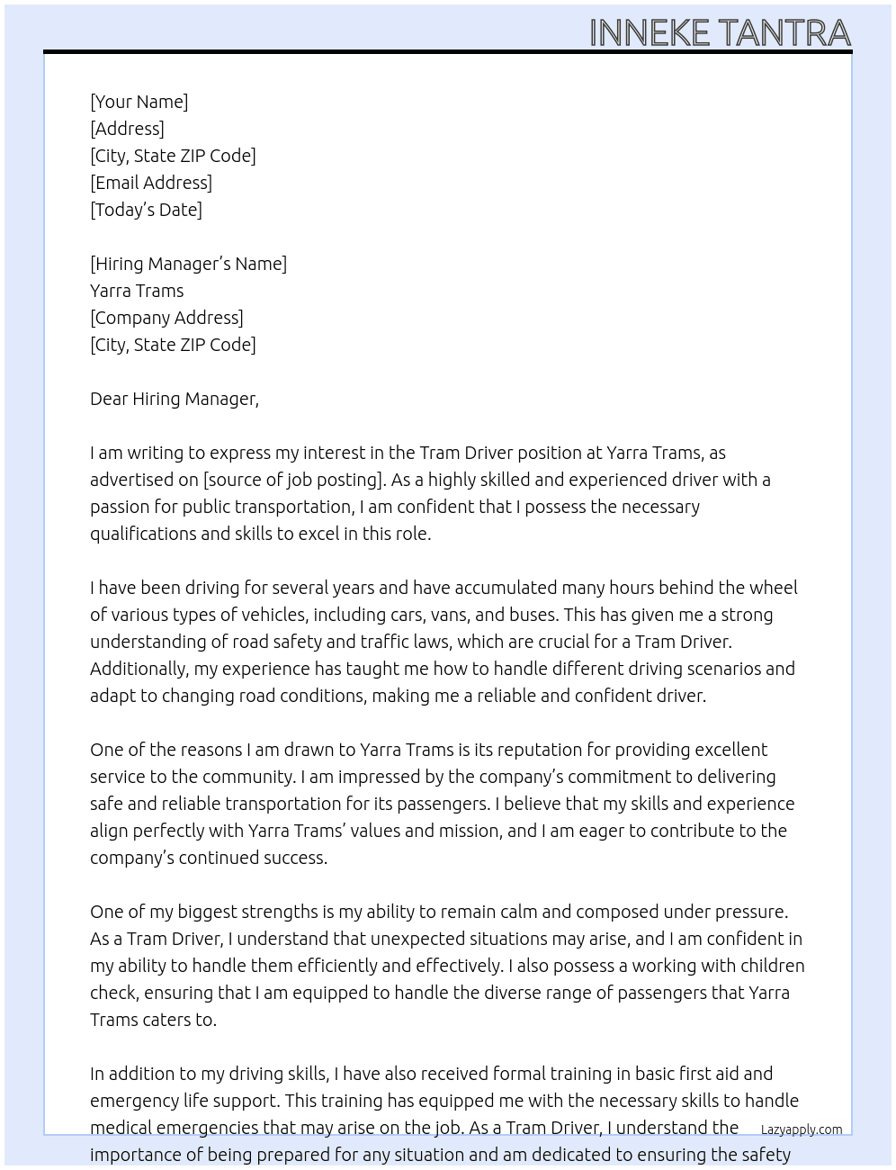 Tram Driver At Yarra Trams Cover Letter