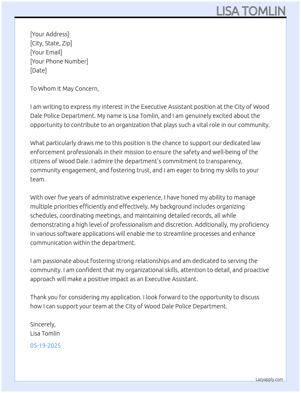 Executive Assistant Police Department At City of Wood Dale Cover Letter
