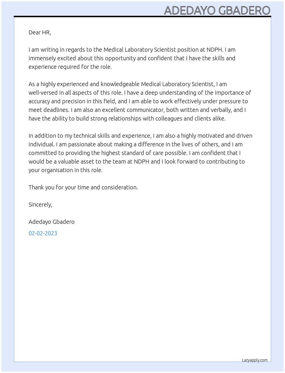 Medical laboratory Scientist  At NDPH  Cover Letter