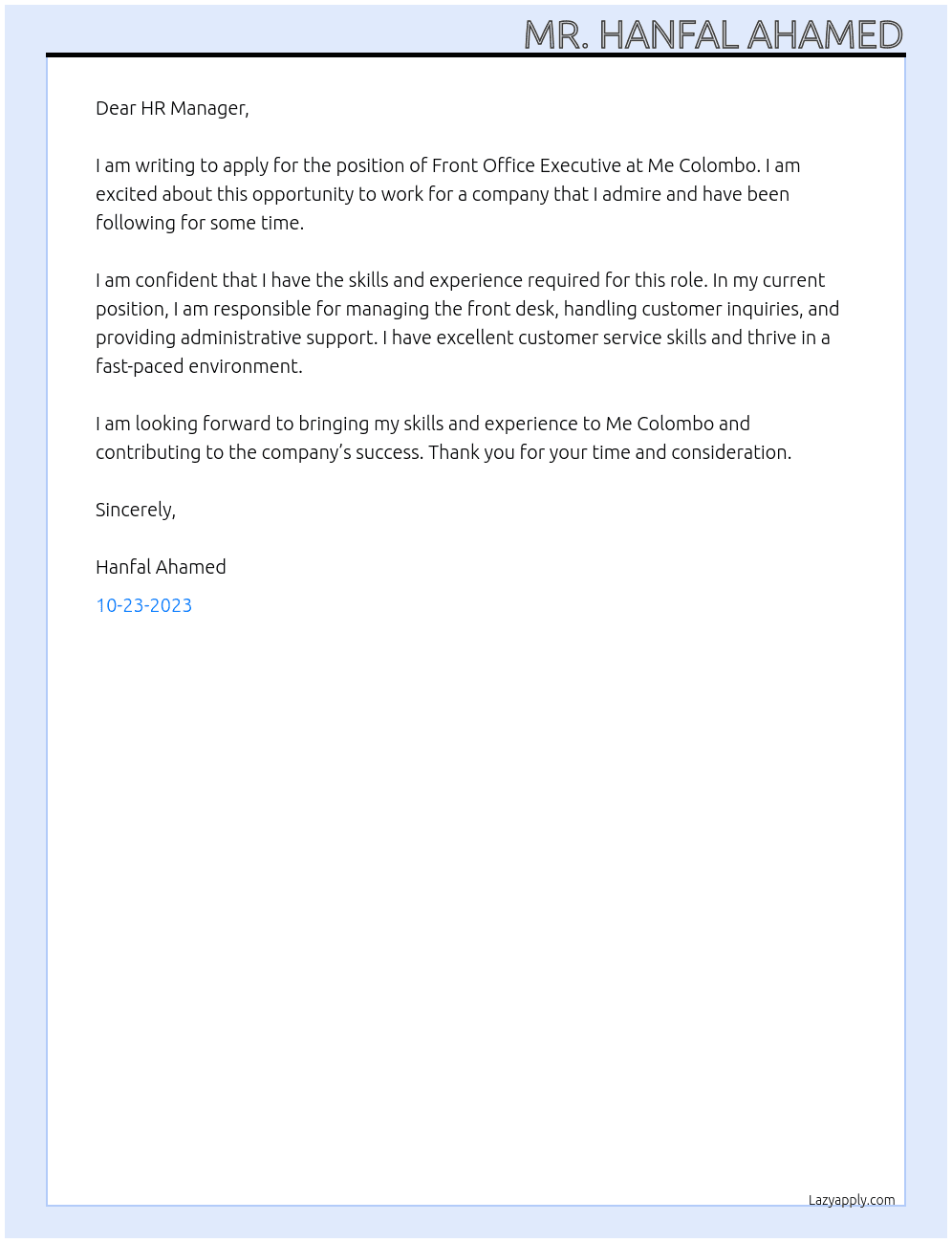 Front Office Executive At Me Colombo Cover Letter