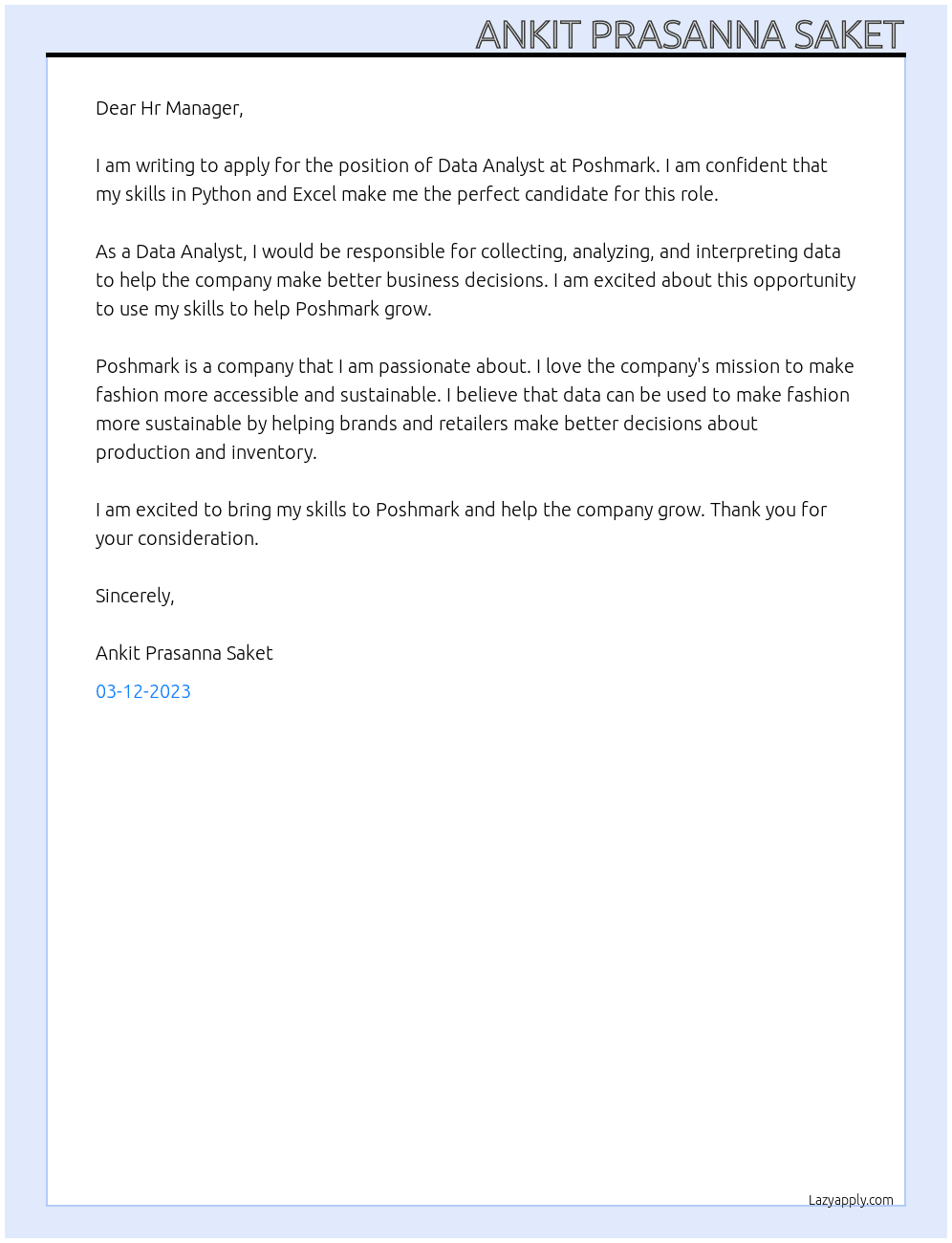 Data Anlayst At Poshmark Cover Letter