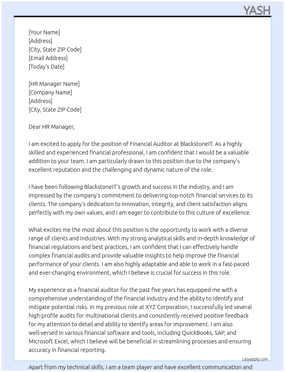 Financial Auditor At BlackstoneIT Cover Letter