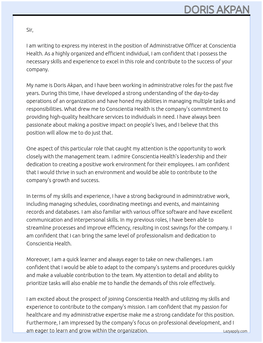 Administrative Officer At Conscientia Health Cover Letter