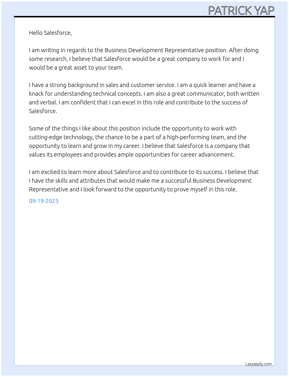 Business Development Representative At Salesforce Cover Letter