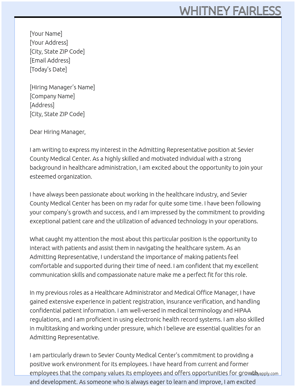 Admitting Representative At Sevier County Medical Center Cover Letter