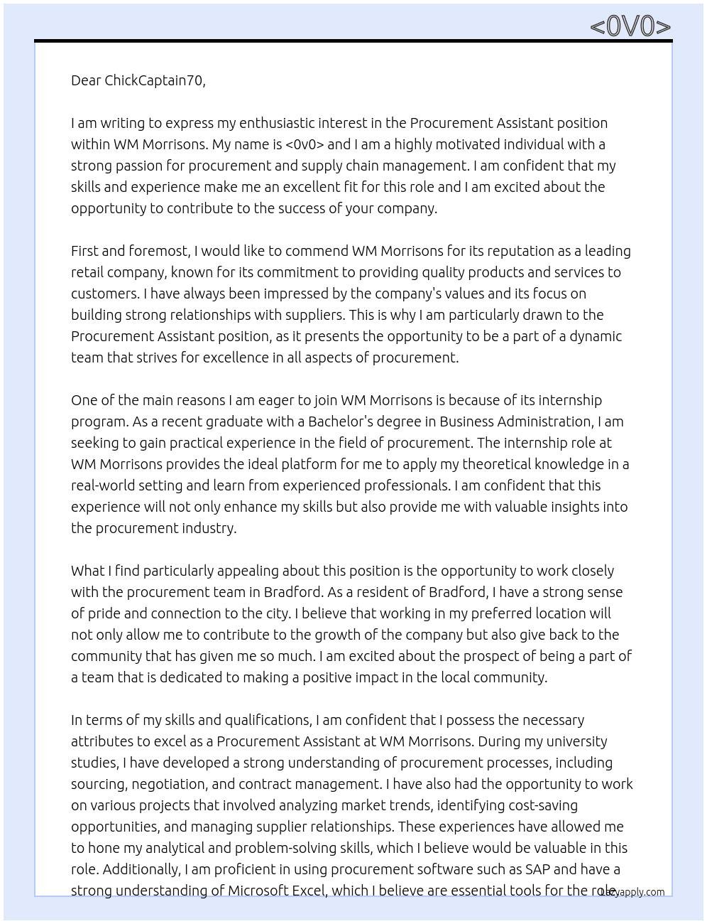 procurement assistant At wm morissons Cover Letter